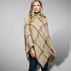 Macchia Di Ruggine Poncho Women One Size Beige Plaid Fringe Turtleneck Cozy